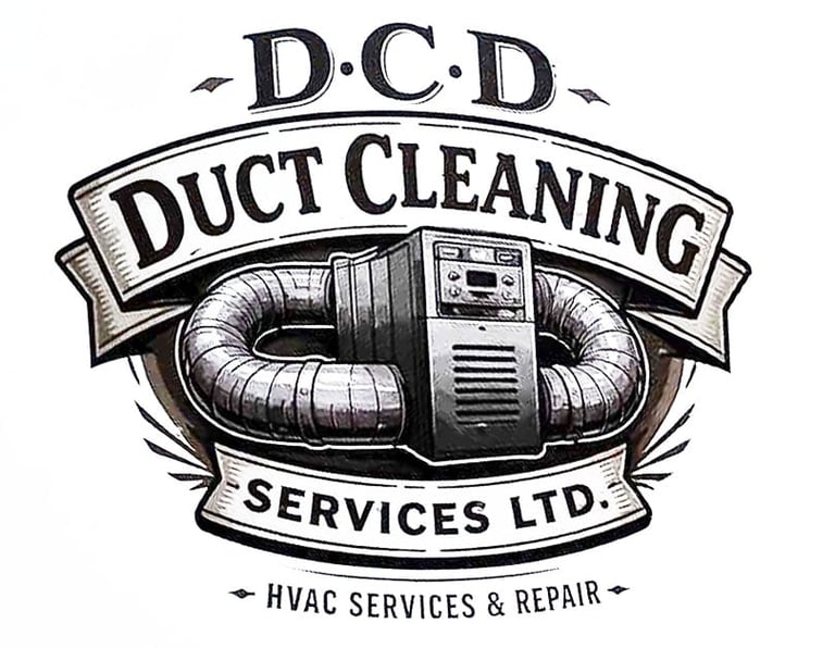 D.C.D Duct Cleaning Services logo featuring ductwork and HVAC unit illustration in black and white